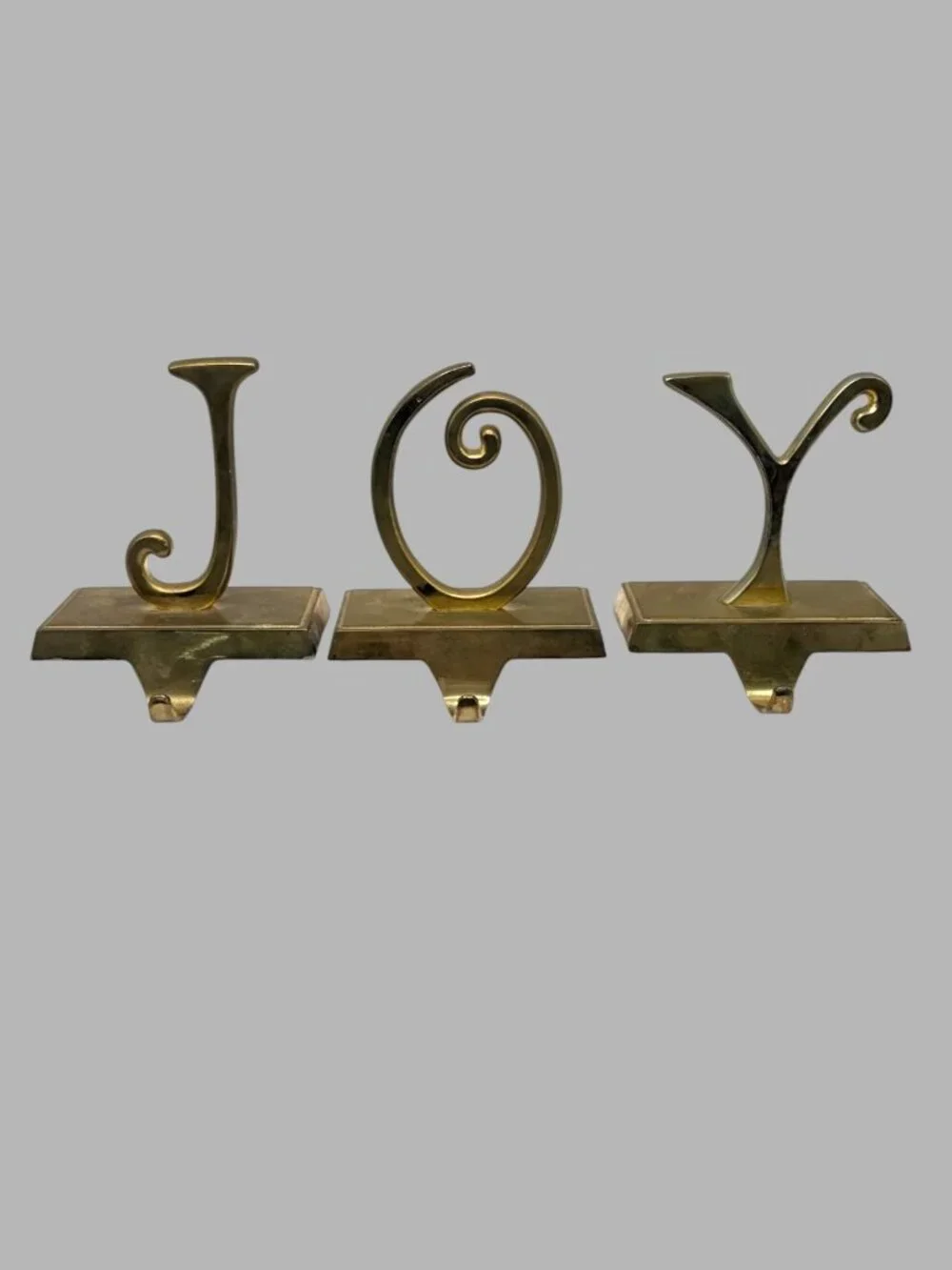 Vintage Brass JOY Stocking Holders Set of 3 Christmas Mantel Decor Holiday Hooks
